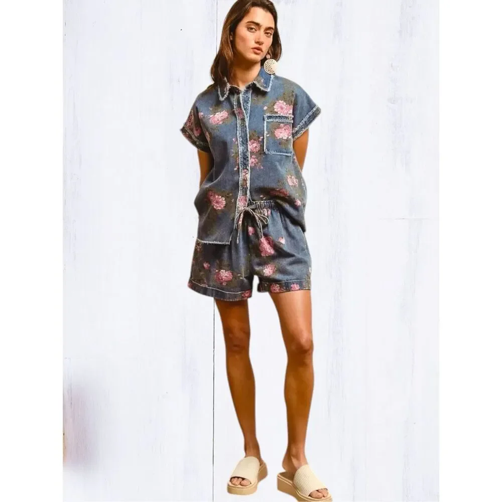 BiBi Floral Denim Short High Rise Drawstring Pink Rose Print Relaxed Fit Pockets - Picture 9 of 12